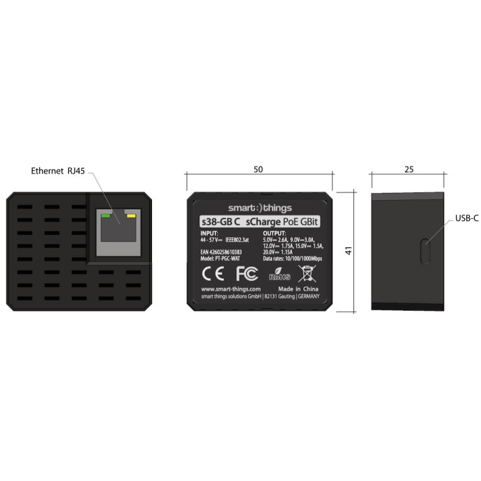 smart things sCharge PoE Gbit Adapter | USB-C / 27W / PD / max. 1 Gbit/s | inkl. USB-C-Kabel | schwarz | s38 C