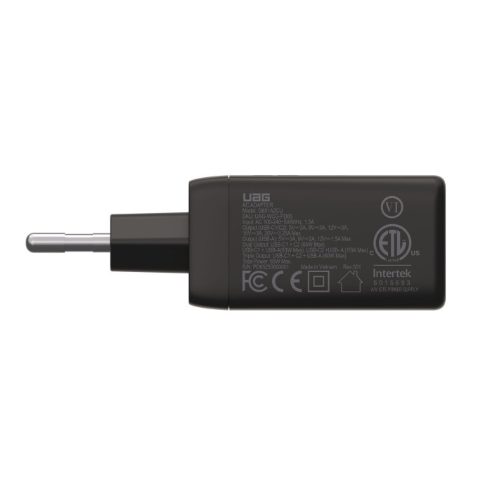 UAG Urban Armor Gear SRGE GaN Wand-Ladegerät | 65W | PD | 2x USB-C / 1x USB-A | schwarz | 9B4437114040